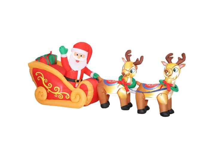 Outsunny 240 cm Aufblasbarer Weihnachtsmann auf Schlitten mit 2 Rentier LED-Lichtern, Rot, 75x100x240 cm, Dekoration, Weihnachtsdekoration