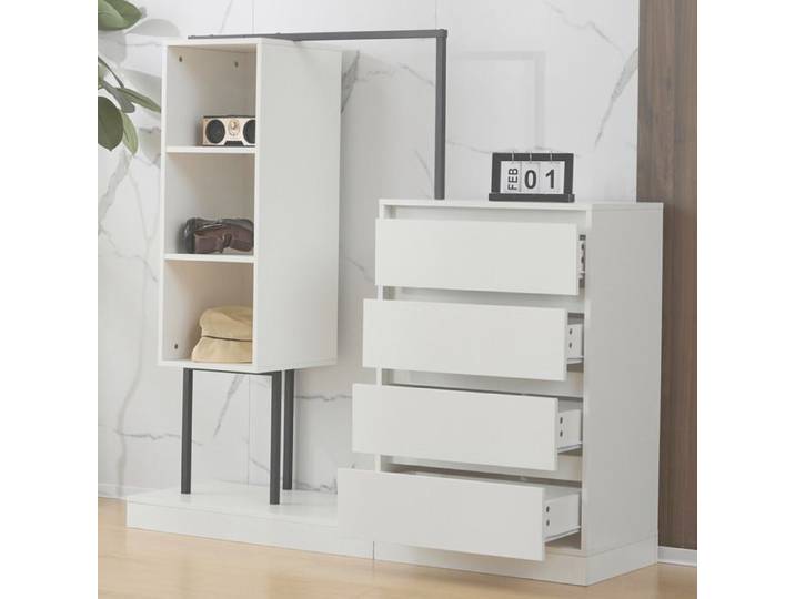 Meuble rangement armoire de chambre avec penderie 4 tiroirs et 3 étagères ouvertes blanc noir 140x40x135 cm ORVRYN