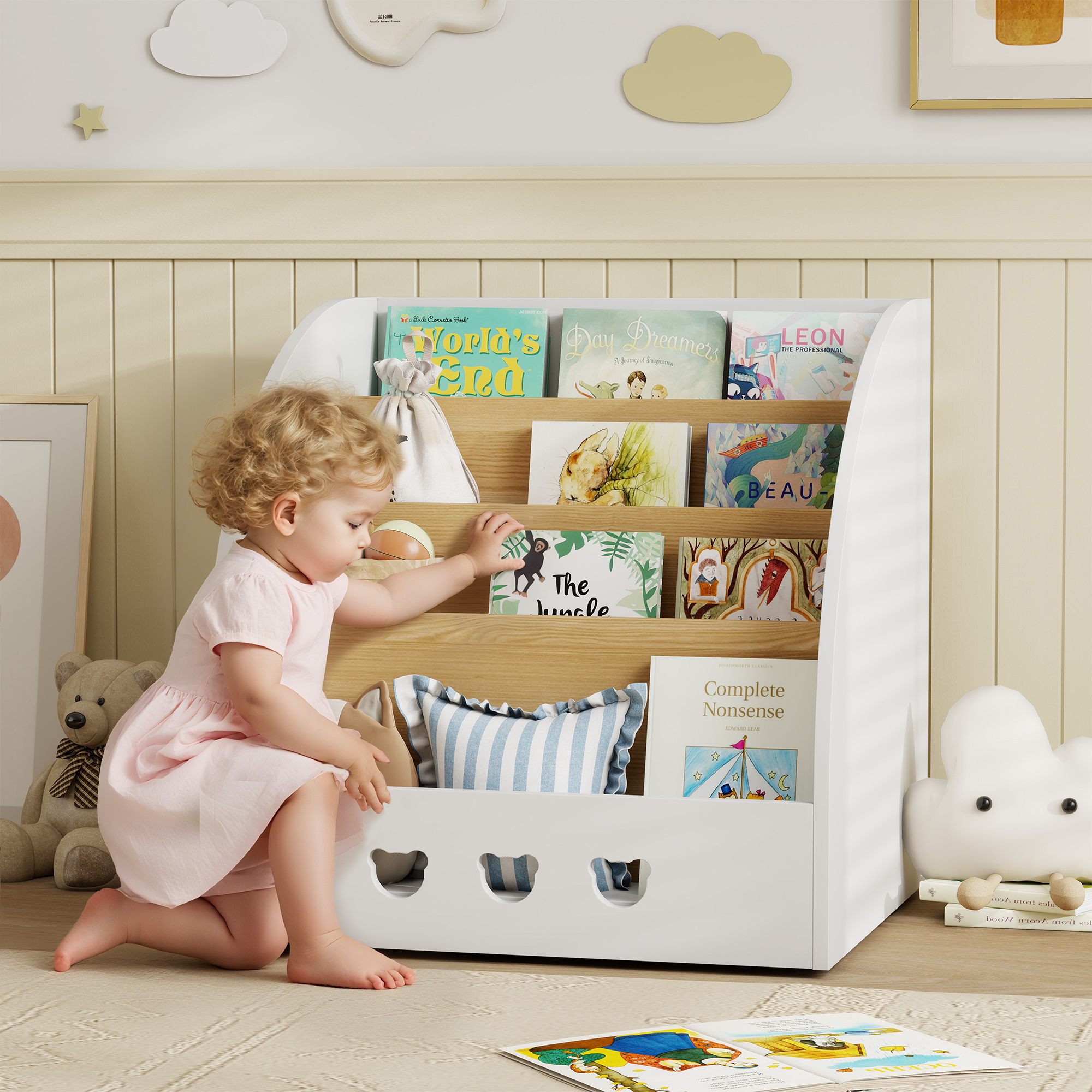 Aiyaplay Scaffale per Bambini a 4 Livelli per la Camera per Bambini Sala Giochi 60x53x60 cm Bianco e Naturale   Aosom Italy