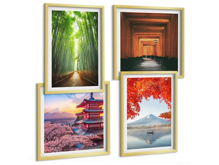 Tulup Bilder SET 4er Set - 50x50 cm & 40x60 cm Goldrahmen - Fuji-Torii-Bambuswald, Japan, Goldfarben, Kunststoff, Rechteckig, 50x50 cm, gerahmt, Bilder & Rahmen, Bilder