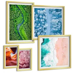 BILDER SET 5er Set - 50x50 cm & 20x30 cm & 40x60 cm Goldrahmen - Pferde, Bewegung, Strand, Leuchtturm, Berge