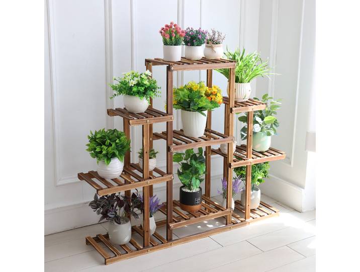 Support pour plantes à plusieurs niveaux, présentoir pour fleurs en bois carbonisé à 9 niveaux, pour l'intérieur