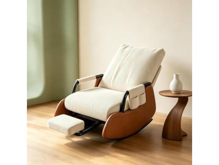 kumamart Relaxsessel mit Hocker - mit Gepolsterten Armlehnen Ergonomischer Schaukelstuhl mit ausziehbarer Fußstütze und Seitentasche für tägliche Entspannung.