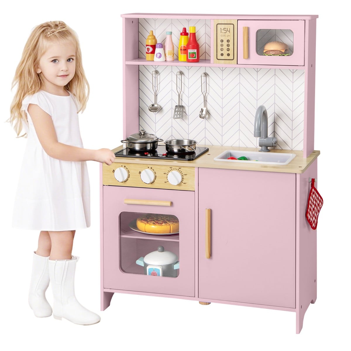 Costway Houten Speelkeuken voor Kinderen met Licht en Geluid, Roze