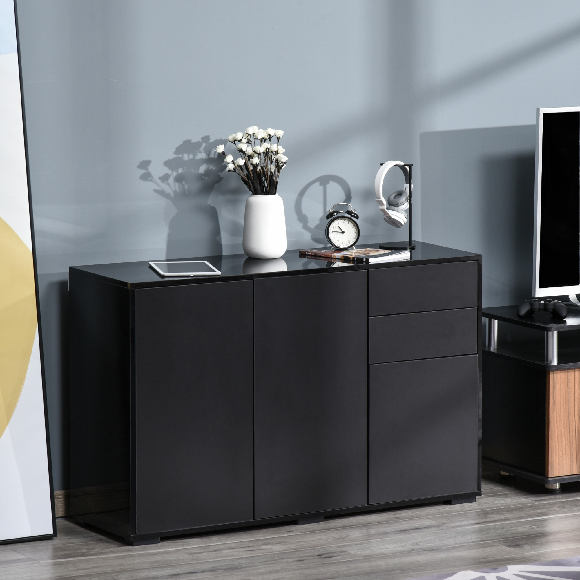 Homcom Mobiletto Multiuso Nero con 2 Cassetti e 2 Armadietti ad Apertura a Pressione, 117x36x74cm Aosom