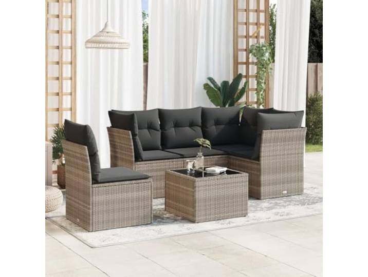 Ensemble canapés résine tressée gris clair terrasse patio 6 pièces coussins Salon de jardin 6 pcs en résine tressée avec coussins gris, canapé d'extérieur modulable avec table en verre pour patio