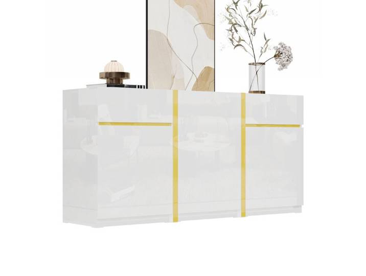 Buffet - Minimaliste - Blanc laqué brillant - 3 portes & 2 tiroirs - Étagères réglables