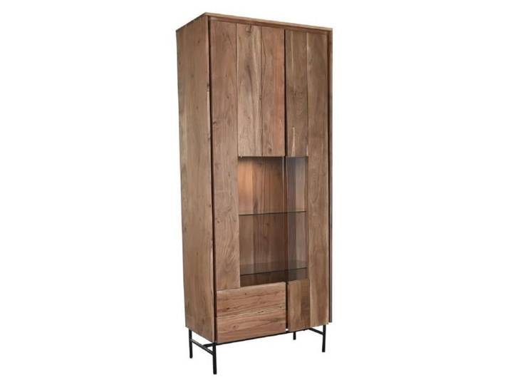 Vitrine armoire vaisselier en bois d' acacia-verre coloris marron - Longueur 80 x Profondeur 40 x Hauteur 197 cm