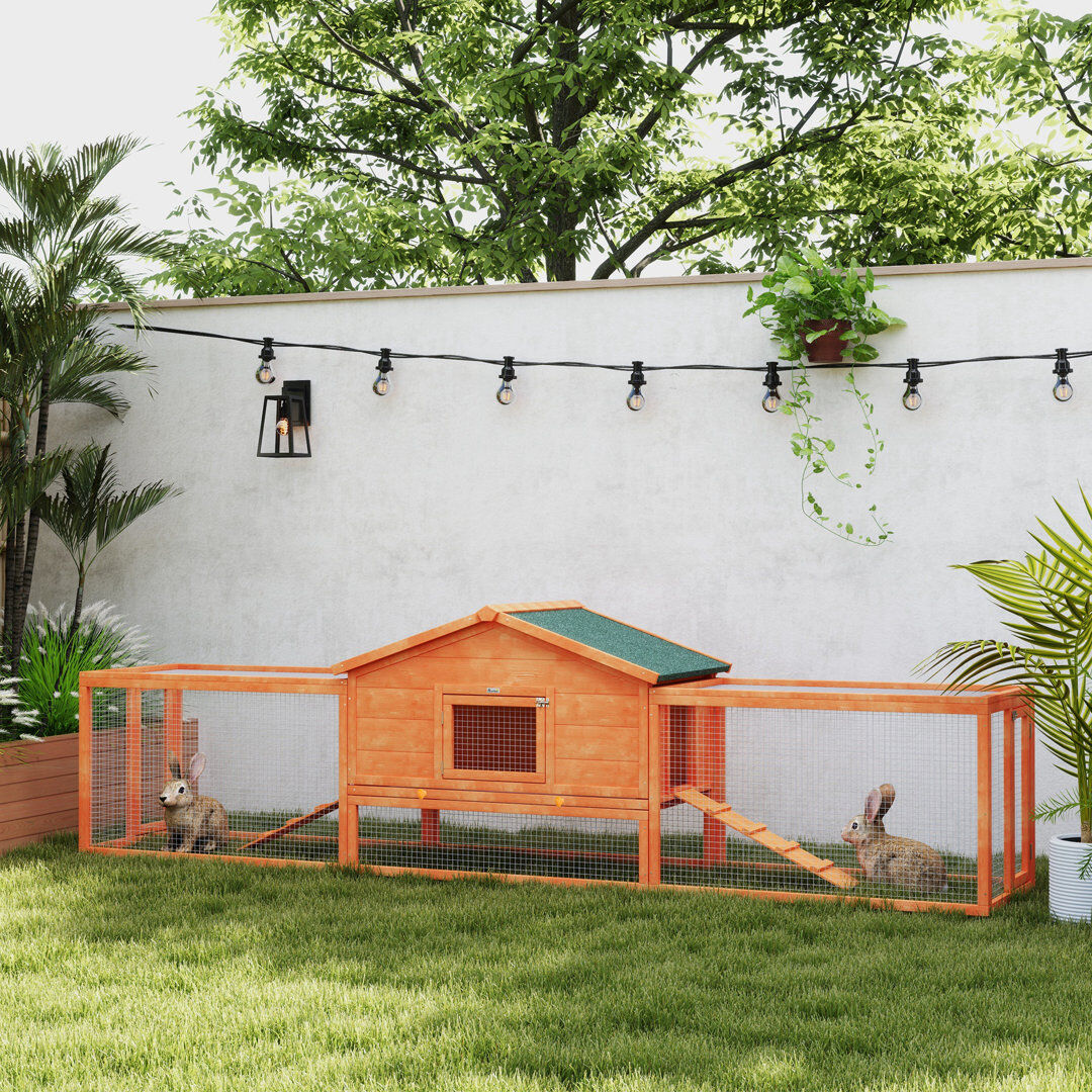 PawHut Rabbit Hutch Wooden Bunny House with Tray & Ramps for Garden Orange Orange