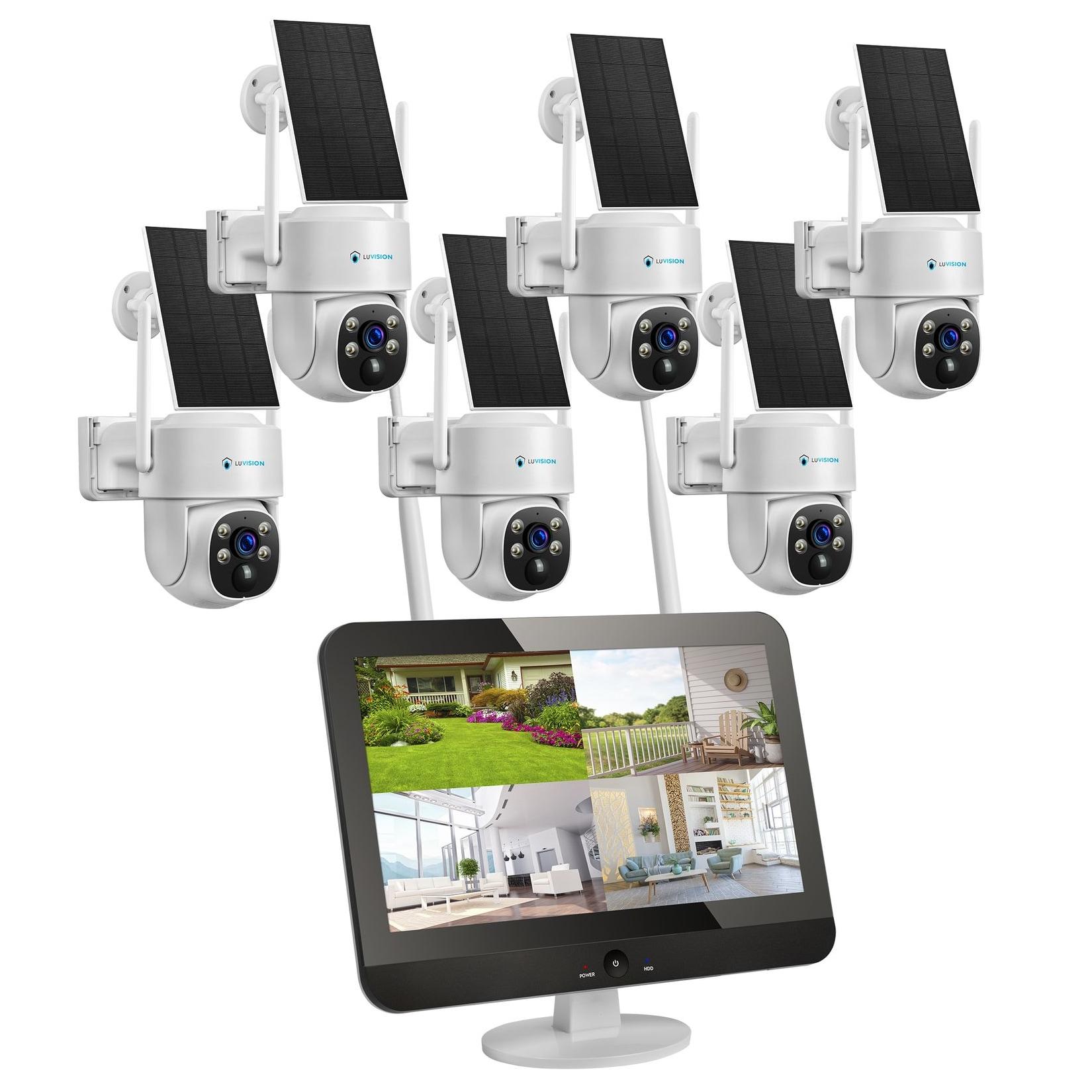 LUVISION Dual WLAN PTZ Überwachungssystem mit LED Monitor 4MP Solar PTZ Überwachungskamera Mikrofon, Sirene, Smarte Nachtsicht 6 Kameras