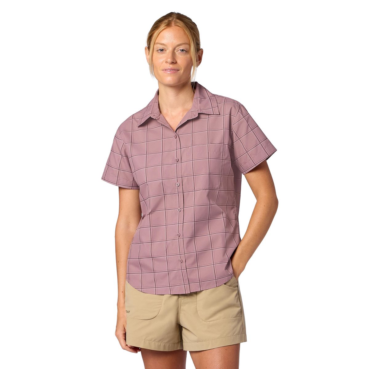 Marmot Wm's Airexchange UPF 40 Novelty Short Sleeve Shirt light mauve off the grid plaid (42546) S M16480-42546-S
