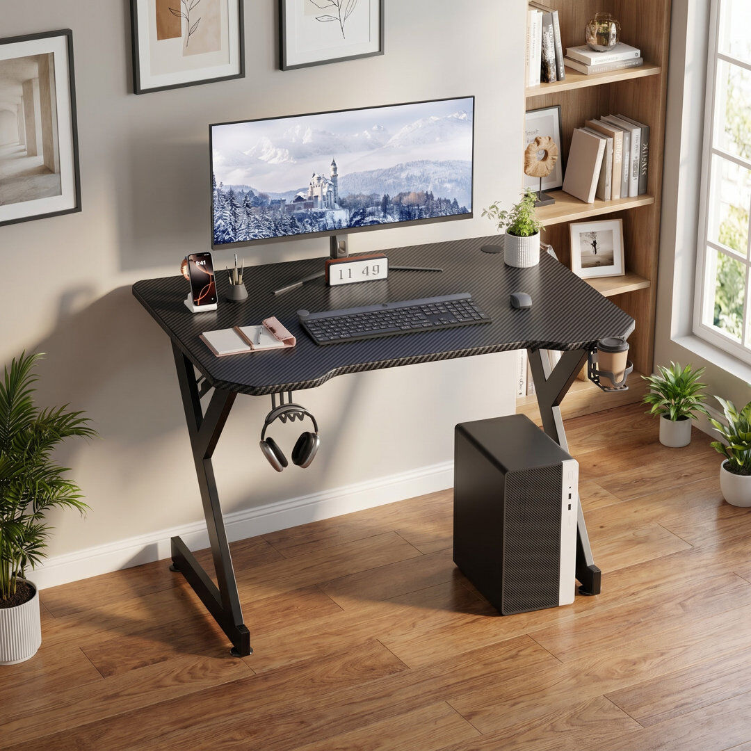 DLONGONE Y-shaped Gaming Desk with Carbon Fibre Surface, Large Computer Desk Gaming Table, Ergonomic Pc Gaming Workstation Home Office Desks with Cup Holder & Black 75cmH×160cmW×60cmD