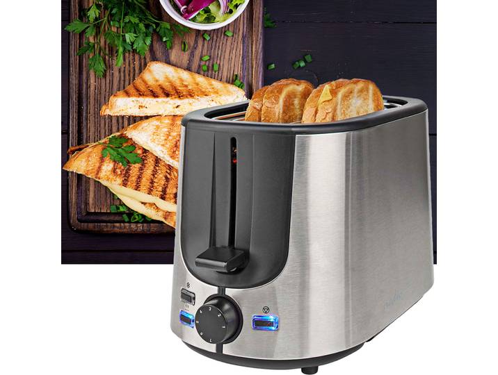 Moderner Edelstahl-Toaster, 7 Röststufen, Brötchenaufsatz, Defrosterfunktion, 1000 W