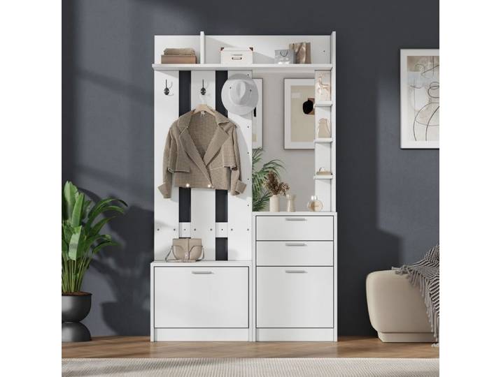 Piaenon - Vestiaire 110x34x185 cm Meuble d'entrée avec miroir 2 tiroirs 2 bancs chaussures 3 crochets - blanc
