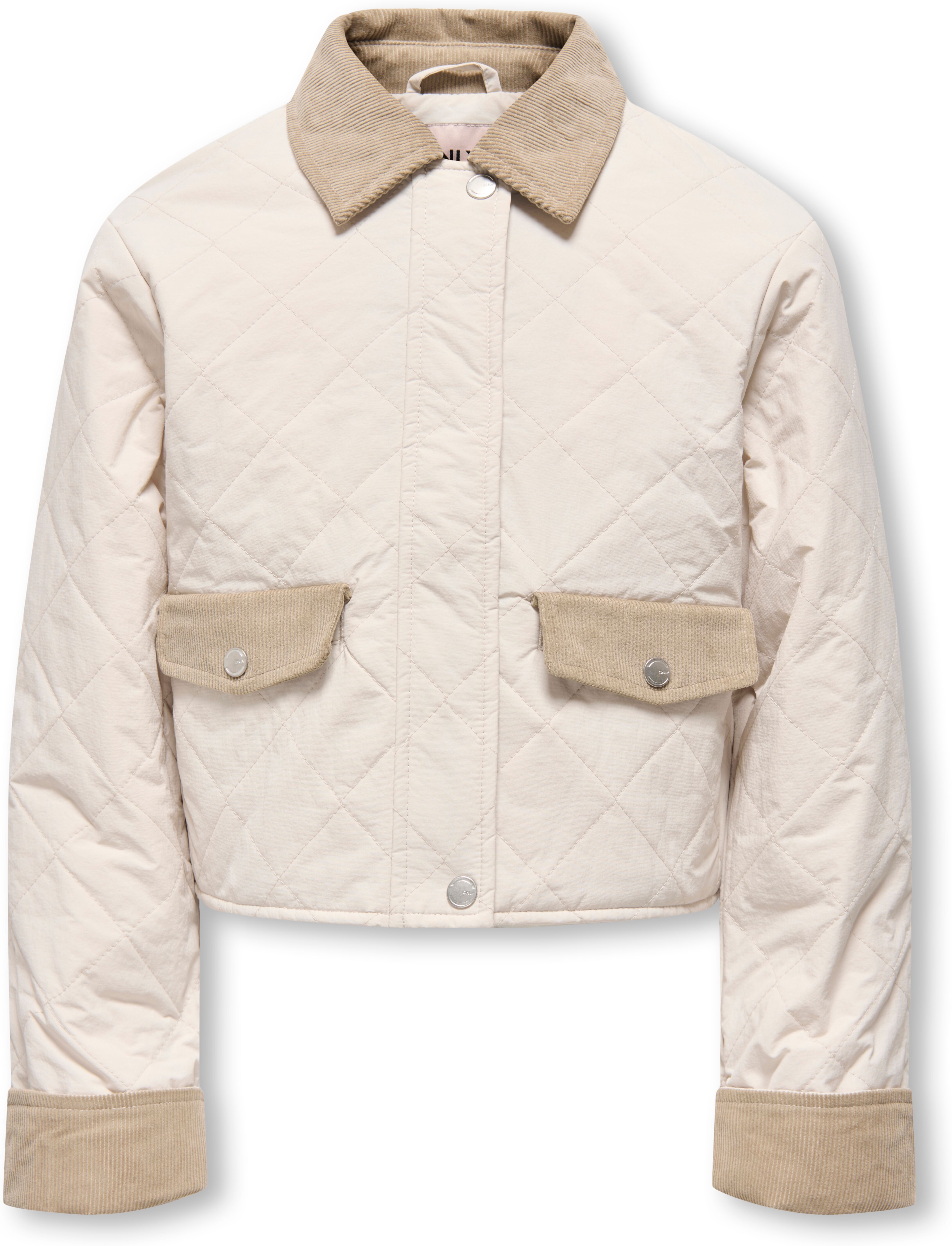 Steppjacke KIDS ONLY "KOGROSALINA QUILTED MIX JACKET VD OTW", Mädchen, Gr. 140, beige (moonbeam detail:corduroy, silber mink), Web, Obermaterial: 100% Nylon, kontrastfarbene Details, Basic, Rundhals, mit Aufschlag Aufschlag kontrastfarben, Jacken Steppjac