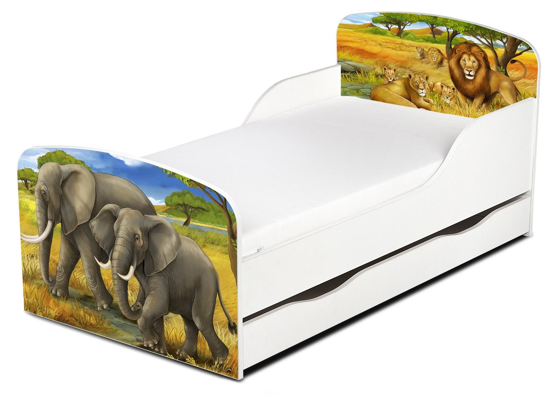 Modernes Kinderbett mit Schublade und Matratze 140x70cm UV-Druck (Safari)