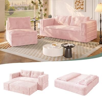 "GDFStudio - 80"" King Size Corduroy Sleeper Sofa Bed with Convertible Blanket & Independent Chaise Lounge"