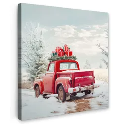 LEINWANDBILD Auto - Rot - Geschenke - Winter - Schnee - Weihnachten Deko Groß 90x90 cm