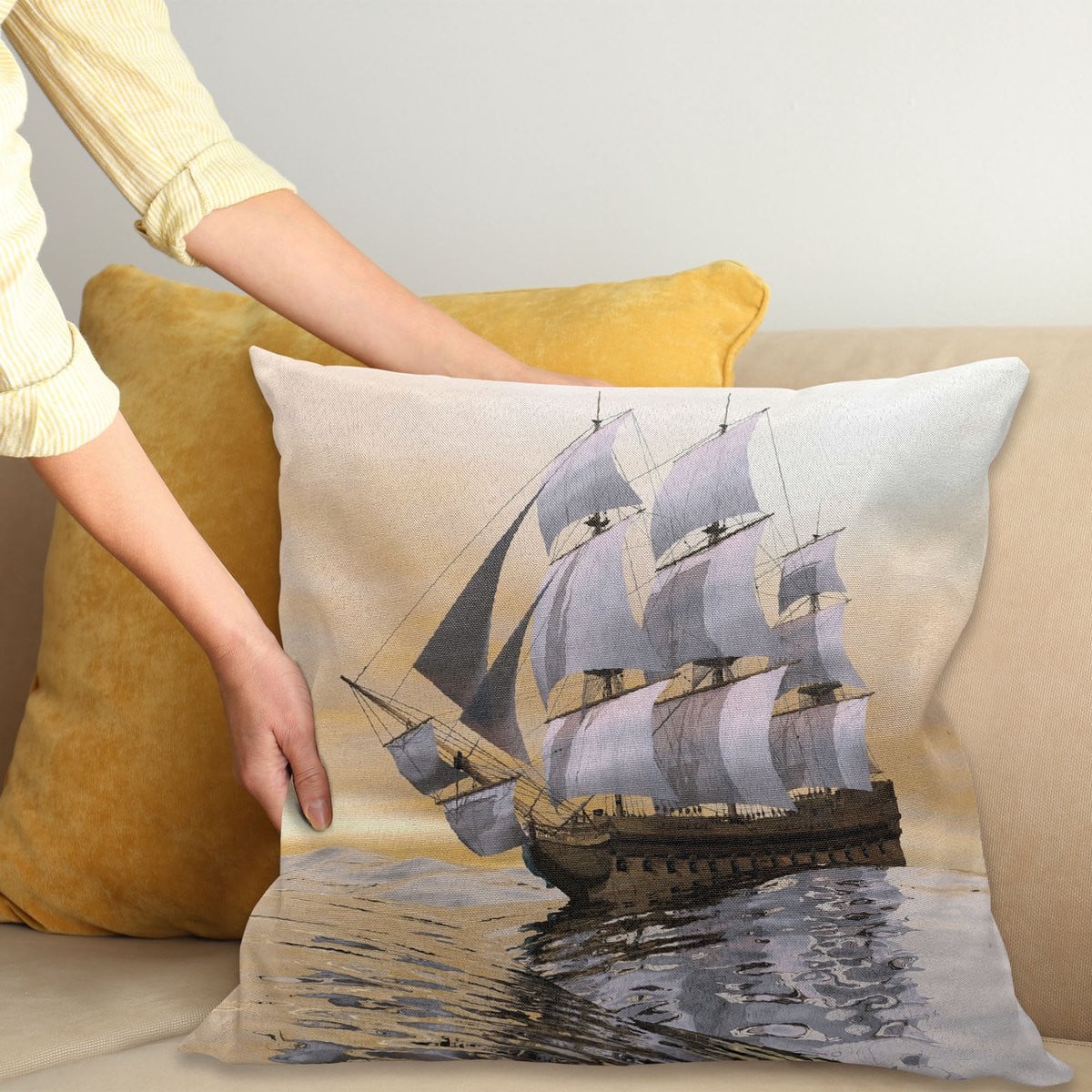 ABAKUHAUS Maritim Kussenhoes Schiff op Oceaan, Meerkleurig, 60 x 60 cm