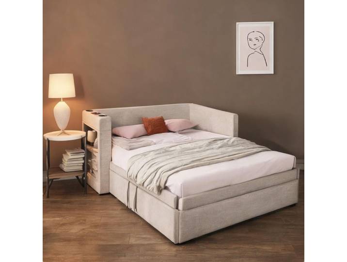 Méridienne-lit gigogne 90x190 cm en lin beige avec accoudoirs connectés USB-C et porte-gobelets