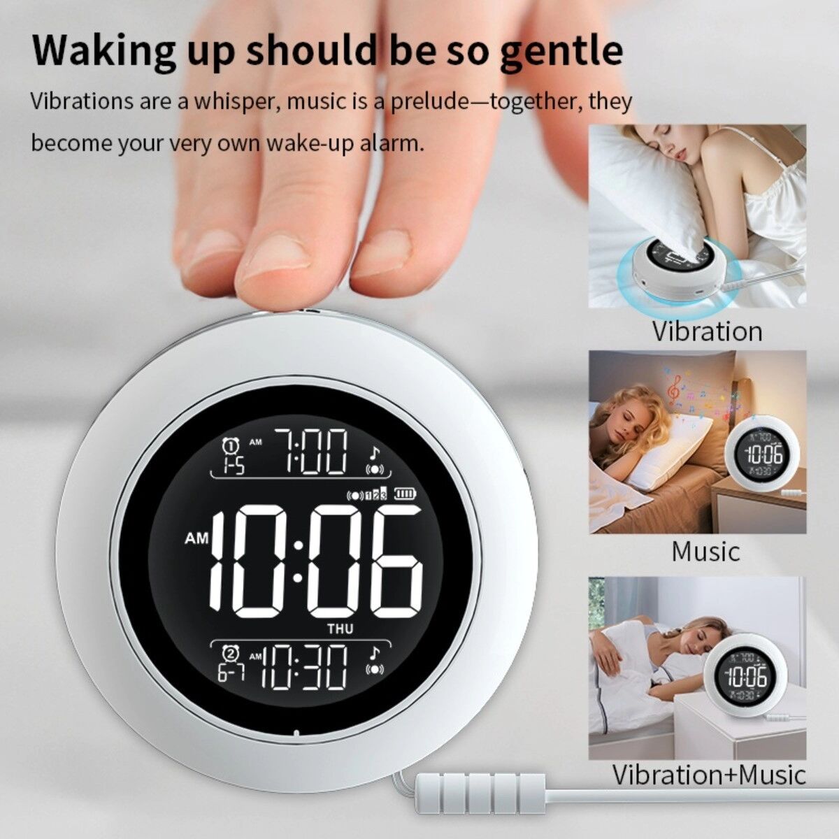 INF Tragbarer Vibrations-Wecker mit 3-stufiger Vibrationsstärke, USB-C wiederaufladbar und Musik-Wiedergabe