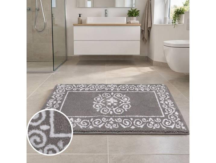 Badematte GOODPRODUCT Dafna, Orient-Optik, Vintage Design , grau, H:12mm, Polyester, Badematten, Badematte, Badteppich, Badvorleger, Badezimmer Teppich