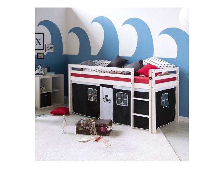 Homestyle4u Hochbett Kinder Rutsche 90x200 mit / ohne Matratze Holz Vorhang Jungen Pirat, Junge
