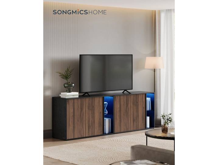SONGMICS HOME Sideboard Aufbewahrungsschrank mit LED-Beleuchtung (TV-Schrank, Glasablage, Toolless-Technologie, Aufbewahrungsschrank, 2 St., Superschnelle werkzeuglose Montage, Sideboard mit Beleuchtung), 2er Set Aufbewahrungsschrank, TV-Schrank, Toolless-Technologie