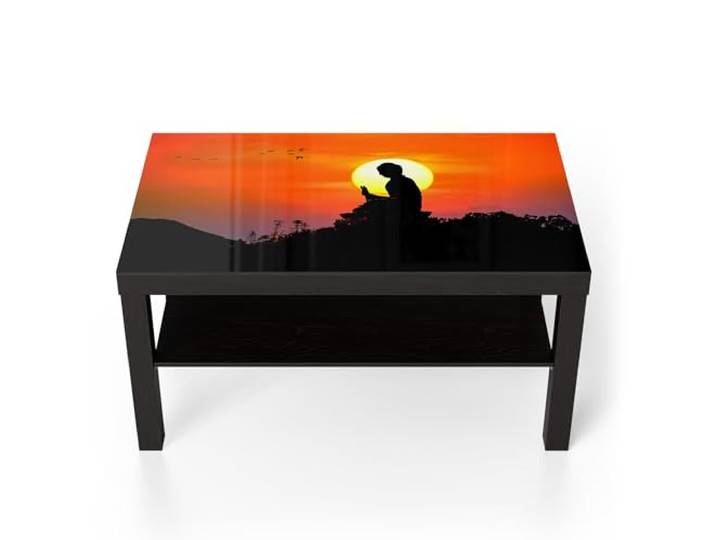 DEQORI Glastisch schwarz groß 90x50 cm Motiv Buddha im Sonnenlicht ausgefallener Beistelltisch aus Glas Hochglanz Couchtisch fürs Wohnzimmer moderner Couch Tisch mit Design