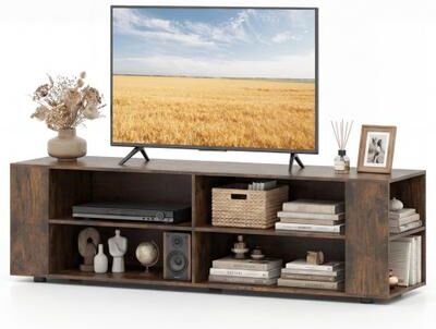 Costway 59 Inch Console Storage Entertainment Media Wood TV Stand-Walnut