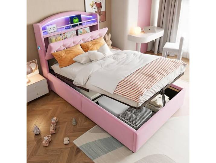 Merax Polsterbett 90x200cm, Multifunktionales Einzelbett mit LED-Licht und USB Ladeanschluss, für Jugend, Erwachsene, Samt, Rosa (Ohne Matratze)