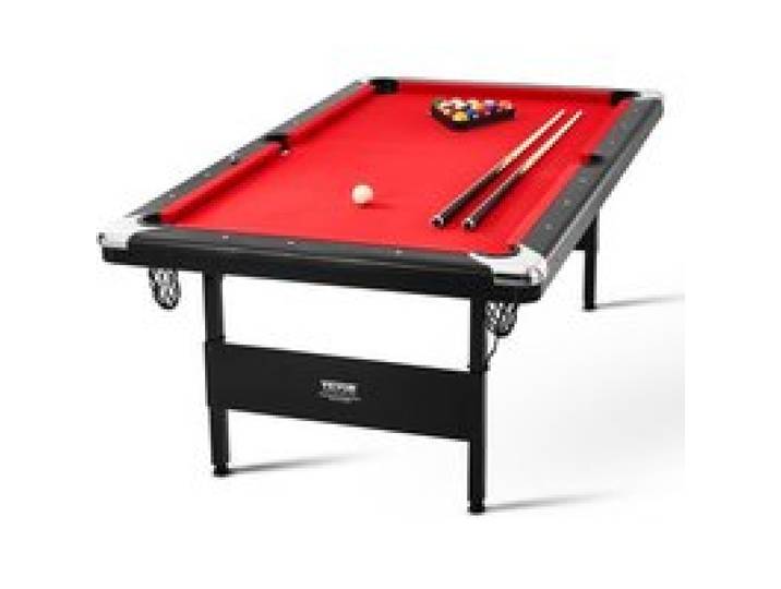 VEVOR Table de Billard 213,4 cm, Kit de Billard Pliable et Portable, Ensemble d'Accessoires Complets avec Balles, Queues, Craies et Brosse, Couleur Noir avec Tissu Rouge, pour Domicile, Club, Café-Bar