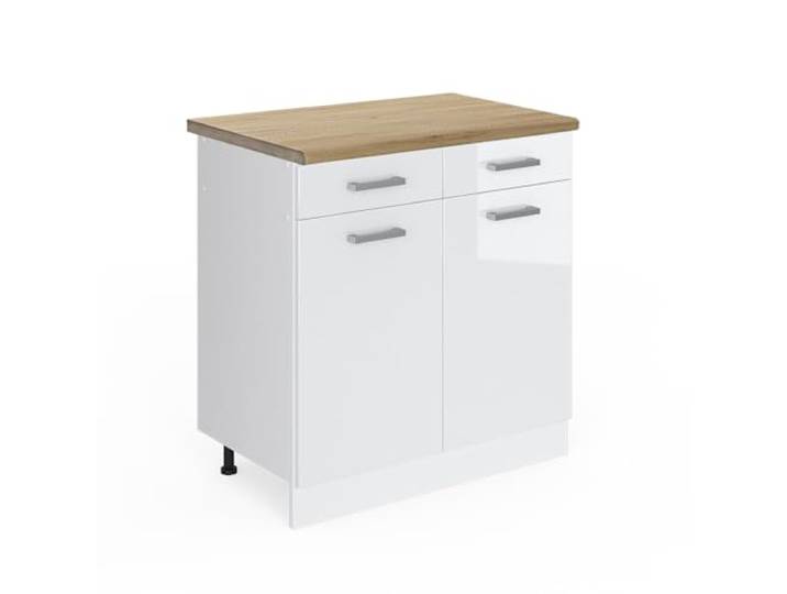 Vicco Küchenunterschrank R-Line , Weiß Hochglanz/Weiß 80 cm 2 Schubladen · Arbeitsplatte Eiche · Höhenverst. Füße · 2 Türen · Leichter Zugriff