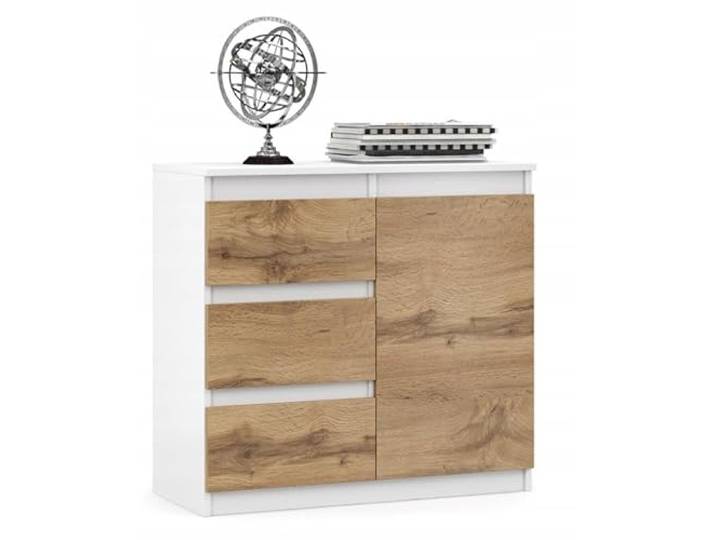 VBChome Kommode 80 x 35 x 75 cm mit 3 Schubladen und 1 Türen Weiß - Eiche Wotan Grifflose Schubladenkommode Mehrzweckschrank für Flur Schlafzimmer Wohnzimmer