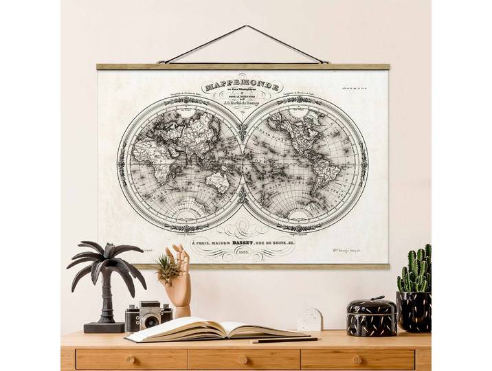 Tableau déco Carte des hémisphères Tissu Blanc/Noir 100 x 67cm
