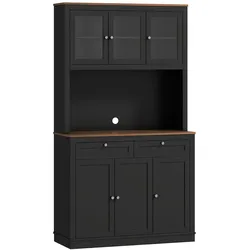 HOMCOM Küchenschrank Mikrowellen-Arbeitsplatte 2 Schubladen Glas- Shaker-Türen 180 cm Schwarz