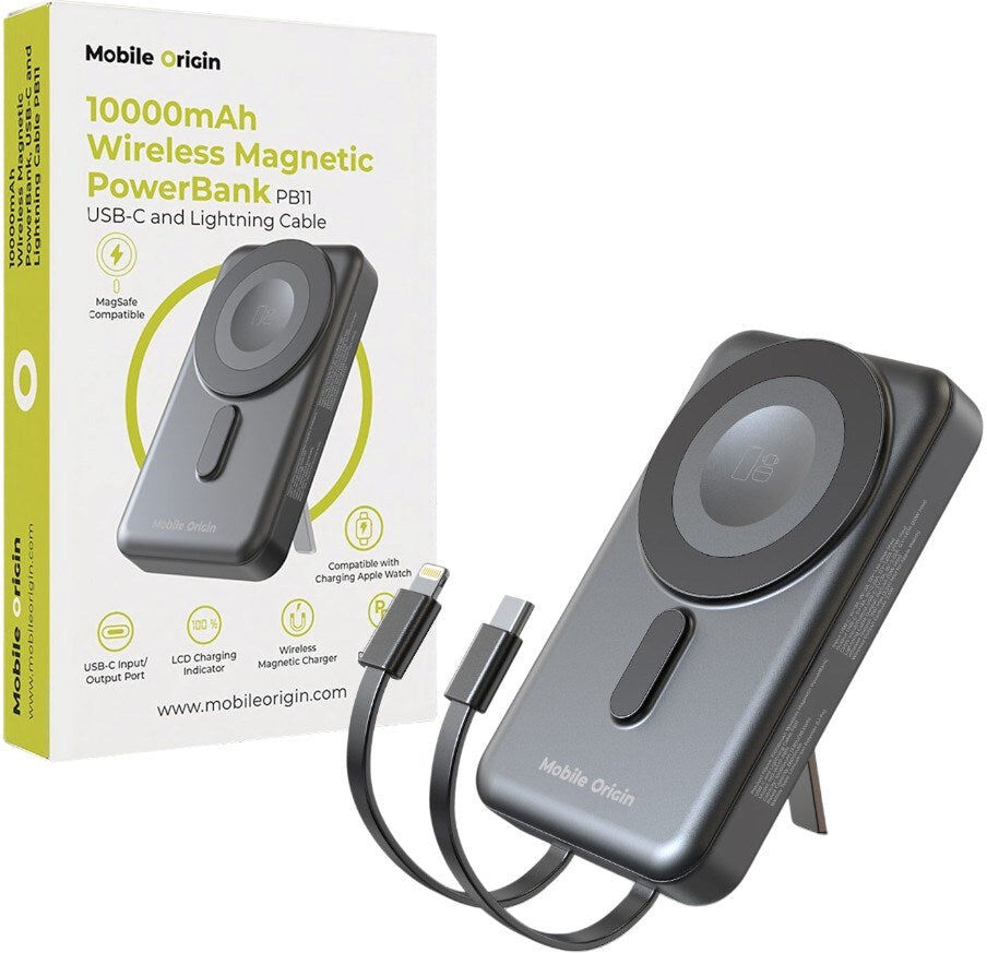 Mobile Origin Magnetisk Powerbank 10000mAh med USB-C og Lightning Kabel - Grå
