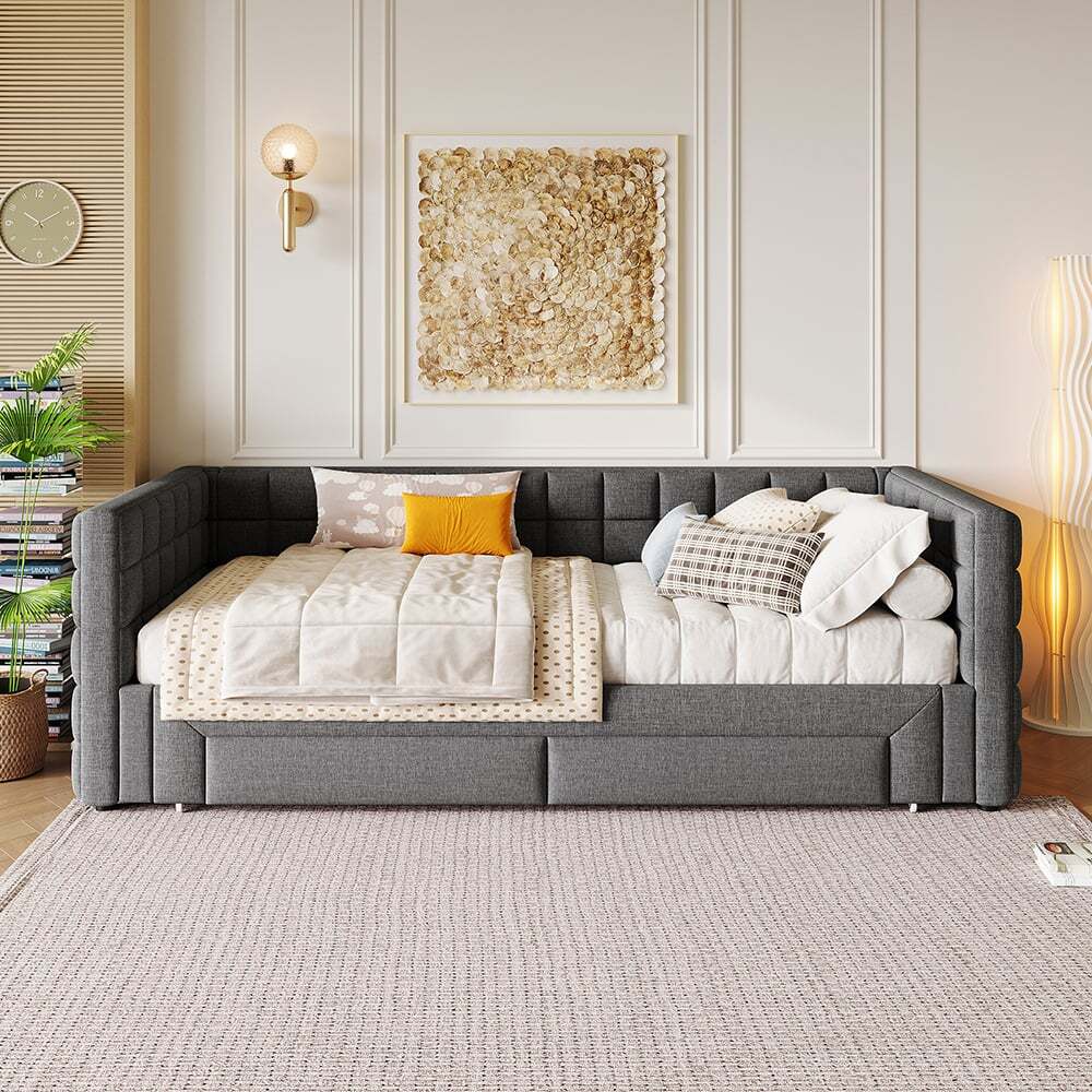 Sweiko Tagesbett,Daybett,90 x 200cm, Sofabett mit quadratischer Rückenlehne,2 Schubladen,ohne Matratze,Grau
