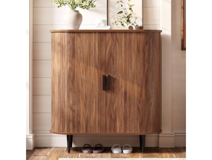 DUlVBPE Sideboard mit 2 Schiebetüren, Rolljalousie-Türen & 4 Haken – Moderner Aufbewahrungsschrank mit viel Stauraum für Wohnzimmer & Flur, Holzoptik, 85x40x93 cm