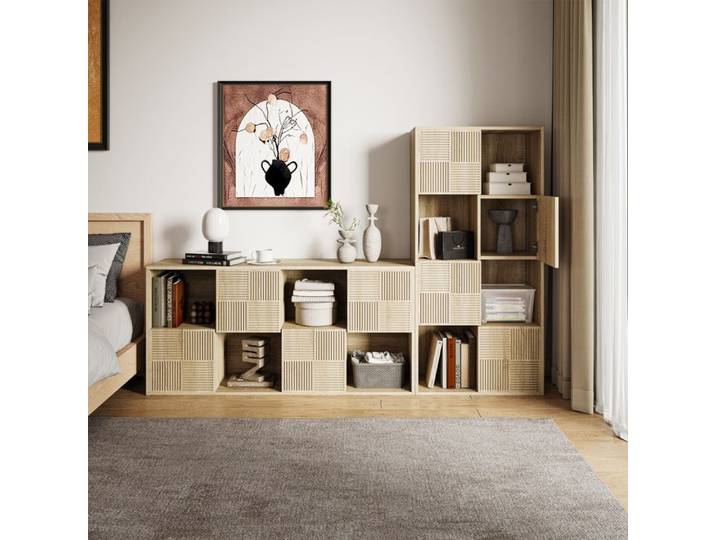 ADWOLT Bibliothèque à 4 Niveaux 4 Portes 60x30x125cm Bibliothèque à panneaux en treillis Couleur bois naturel