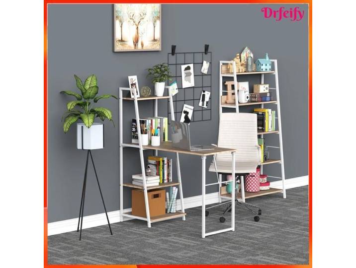 Bureau pliable rabattable - AKOZON - 6506 - Bureau bibliothèque 2-en-1 - 4 étagères - Imitation chêne clair / métal blanc