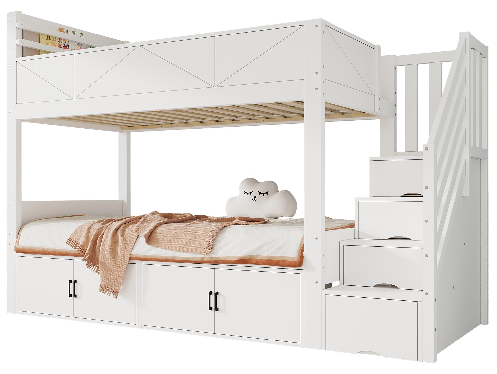 Etagenbett mit 2 Liegeflächen, Lattenrost und Stauraum, 90x200 cm, Kinderbett mit Rausfallschutz
