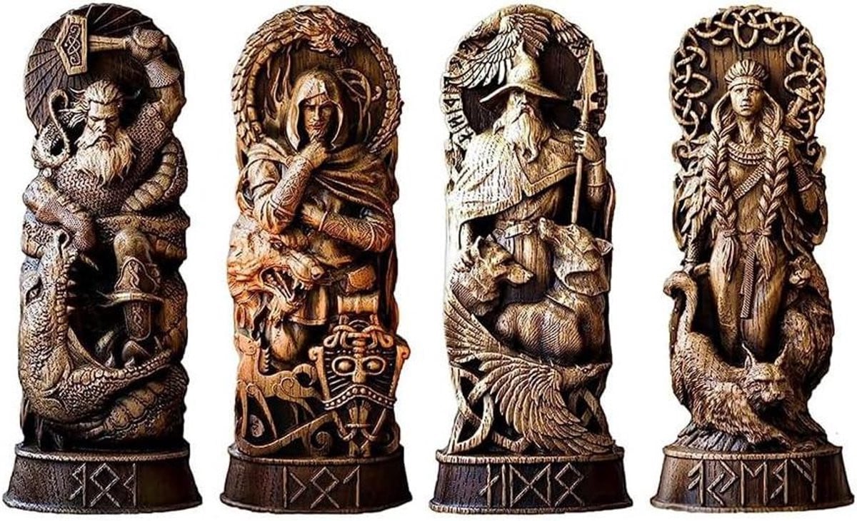 Set van 4 decoratieve Noorse Goden beelden in het bruin