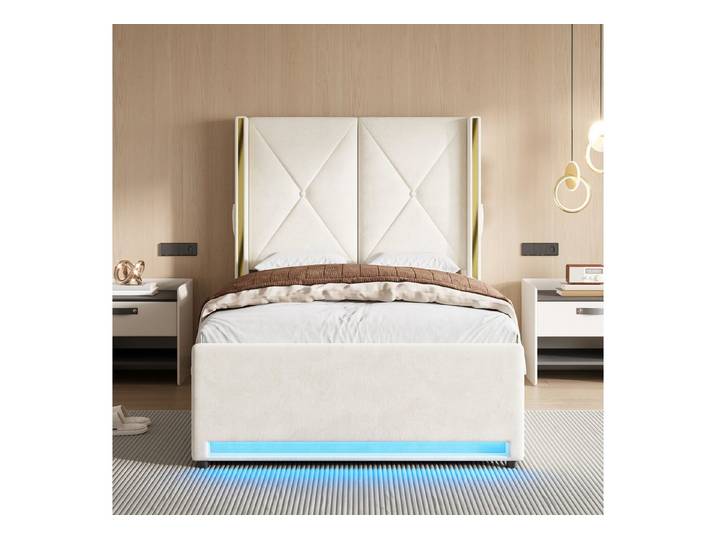 Celya Polsterbett Veloursbett mit LED, USB und Stauraum (ohne Matratze, mit hohem, weich gepolstertem und gestepptem Kopfteil), vereint Design, Komfort und Praktikabilität