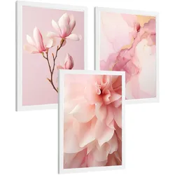 POSTER 3er-Set Wandbilder Orchidee Marmor modern Wohnzimmer Deko, Schlafzimmer, Küche, Badezimmer Weißer Rahmen A3