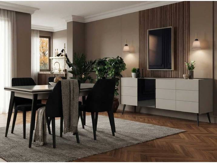 Xlmoebel Essgruppe Esstisch Stühle Konsole Spiegel Beige Modern Edel Esszimmer Set, (Esszimmer Set, 7-tlg., 4er-Set)