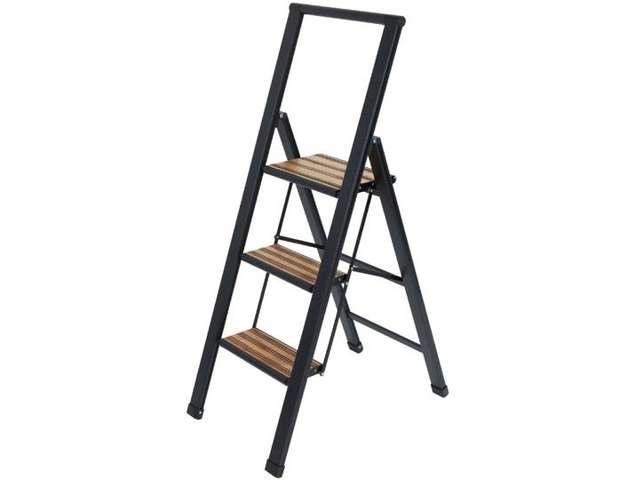 Trittleiter WENKO Modell Alu-Design , schwarz (schwarz, schwarz), B:44cm H:127cm L:5,5cm, Aluminium, Kunststoff, Leitern, Trittleiter, rutschsichere XXL-Stufen, robustes Aluminium in Kombination mit Bambus