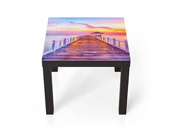 DEQORI Glastisch schwarz klein 55x55 cm Motiv Holzsteg bei Dämmerung ausgefallener Beistelltisch aus Glas Hochglanz Couchtisch fürs Wohnzimmer moderner Couch Tisch mit Design