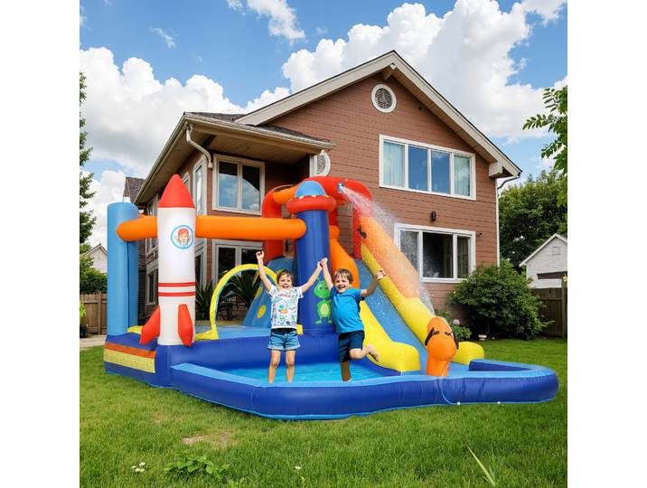 AIYAPLAY Château Gonflable 5-en-1 avec Toboggan et Piscine