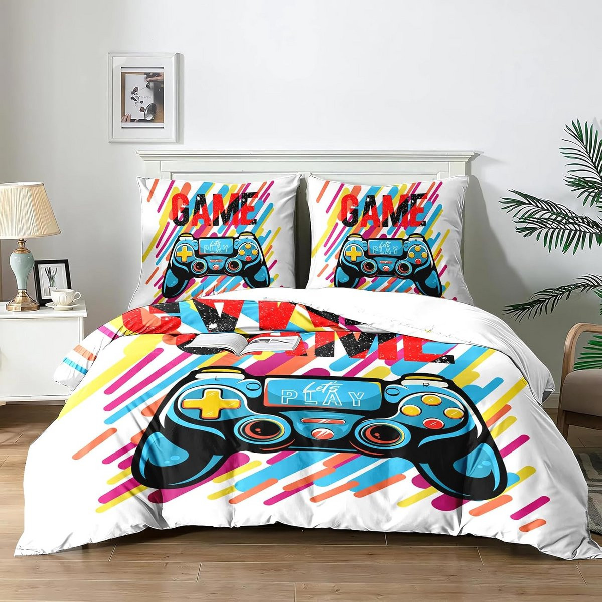 Gamer Beddengoed Set met Gamepad Dekbedovertrek en Kussenslopen, 140 x 200 cm